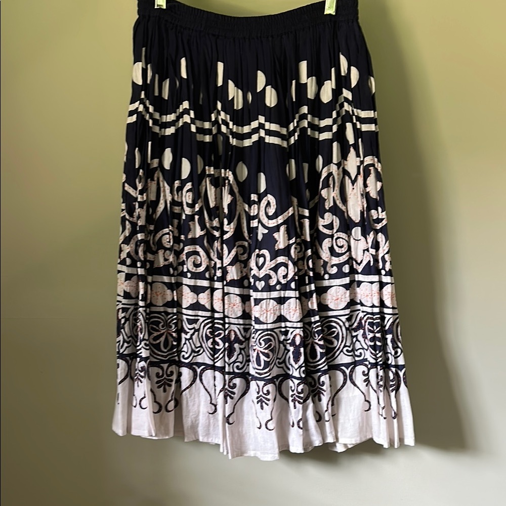 Roberta Roller Rabbit Navy/White Midi A-Line Skirt w/ orange embroidered accents